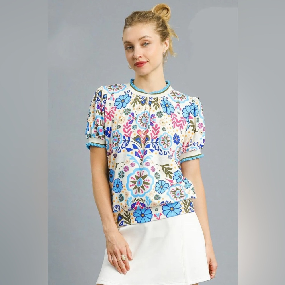 Umgee Retro Floral Puff Sleeve Top